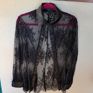 Black Lace Button-Up Blouse